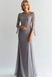 Elegante Sliver Shesth Scoop Lange Chiffon Moeder van de Bruid Jurk met Kant Appliques