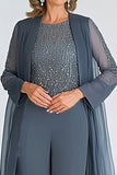 Elegante Twilight 2-delige Scoop Chiffon Enkel-Lange Moeder van de Bruid Pakken met Lange Mouwen