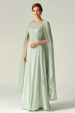 Elegante Mint A-Line Scoop Chiffon Beaded Lange Moeder van de Bruid Jurk met Cap