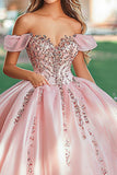 Blush Off the Shoulder prinses satijnen Quinceanera jurk met appliques