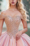 Blush Off The Shoulder Organza Prinses Quinceanera Jurk met Kralen