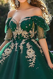 Donkergroene prinses tule off de schouder Quinceanera jurk met appliques