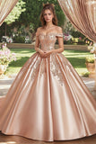 Blush Off the Shoulder satijnen prinses Quinceanera jurk met appliques