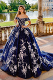 Navy Off the Shoulder Ball Gown Tule Quinceanera jurk met bloem appliques