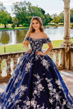 Navy Off the Shoulder Ball Gown Tule Quinceanera jurk met bloem appliques