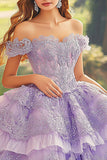 Pruim Off the Shoulder Tulle Ball Gown Gelaagde Quinceanera Jurk met Appliques