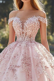 Blozen Off de Schouder Ball Gon Tule Quinceanera Jurk met Appliques