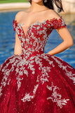 Bourgondische baljurk off the shoulder tule quinceanera jurk met appliques