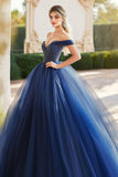 Navy Tule baljurk Off the Shoulder Quinceanera jurk met kralen