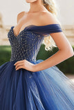 Navy Tule baljurk Off the Shoulder Quinceanera jurk met kralen