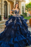 Marine prinses Off the shoulder Organza gegolfde Quinceanera jurk met appliques