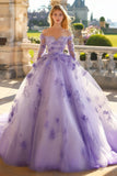 Lila Off the Shoulder prinses tule stoffen quinceanera jurk met lange mouwen