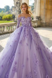 Lila baljurk Off the Shoulder Tule stoffen Quinceanera jurk met lange mouwen