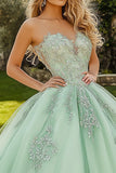 Mintgroene tule sweetheart prinses stoffen quinceanera jurk