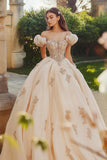 Prinses Blush Baljurk Off de Schouder Tule Quinceanera Jurk met Appliques