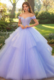 Lila Off the Shoulder Ball Gown Tule Quinceanera jurk met appliques