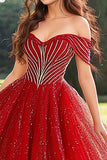 Glitter Rode Off the Shoulder Prinses Quinceanera Jurk met Appliques