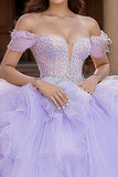 Lila Off The Shoulder Tule Gelaagde Prinses Applique Quinceanera Jurk