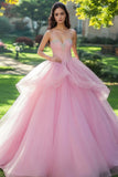 Roze Sweetheart Tulle Prinses Quinceanera Jurk met Kralen