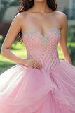 Roze Sweetheart Tulle Prinses Quinceanera Jurk met Kralen