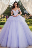 Lavendel Off The Shoulder Tule Ball Gown Applique Quinceanera Jurk