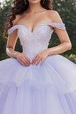 Lavendel Off The Shoulder Tule Ball Gown Applique Quinceanera Jurk