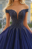 Navy tule baljurk strapless off the shoulder quinceanera jurk