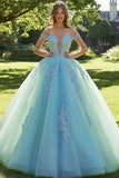 Off the shoulder mint opgestikte baljurk tule quinceanera jurk