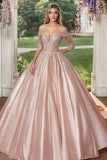 Off The Shoulder Blush Halve Mouwen Satijnen Baljurk Quinceanera Jurk