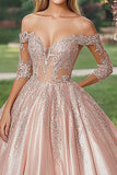 Off The Shoulder Blush Halve Mouwen Satijnen Baljurk Quinceanera Jurk