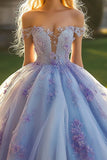 Prinses lavendel baljurk off de schouder tule quinceanera jurk met 3D bloemen