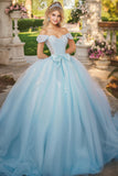 Elegante hemelsblauwe baljurk off de schouder tule quinceanera jurk met strik