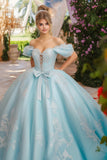 Prinses hemelsblauwe baljurk off de schouder lace-up front appliques tule quinceanera jurk met strik