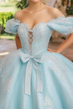 Prinses hemelsblauwe baljurk off de schouder lace-up front appliques tule quinceanera jurk met strik