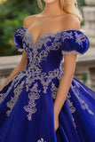 Prinses Royal Blue Baljurk Off the Shoulder Tule Quinceanera Jurk met Lace Appliques