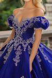 Prinses Royal Blue Baljurk Off the Shoulder Tule Quinceanera Jurk met Lace Appliques