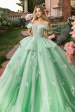 Prinses Mint Baljurk Off the Shoulder Ruches Tule Quinceanera Jurk met Kant Appliques