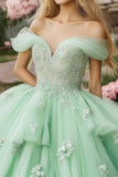 Prinses Mint Baljurk Off the Shoulder Ruches Tule Quinceanera Jurk met Kant Appliques