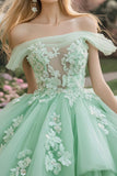 Sprankelende Mint Ball jurk Off the Shoulder Ruches Tulle Quinceanera jurk met pailletten Appliques