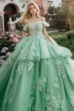 Sprankelende Mint Ball jurk Off the Shoulder Ruches Tulle Quinceanera jurk met pailletten Appliques