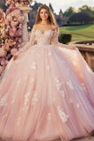 Prinses Roze Baljurk Off The Shoulder Lange Mouwen Tule Quinceanera Jurk met Kant Appliques