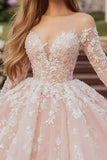 Roze baljurk sweetheart tule opgestikte quinceanera jurk met lange mouwen