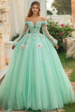 Mint Off The Shoulder Tule Quinceanera Jurk Met 3D Bloemen