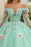 Mint Off The Shoulder Tule Quinceanera Jurk Met 3D Bloemen