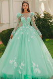 Mint Ball Gown Boat Neck Opgestikte Tule Quinceanera Jurk Met Lange Mouwen