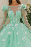 Mint Ball Gown Boat Neck Opgestikte Tule Quinceanera Jurk Met Lange Mouwen