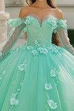 Mint Sweetheart Floral Tulle Quinceanera jurk met lange mouwen