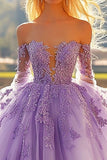 Lila Off The Shoulder Tule Appliqued Quinceanera Jurk Met Lange Mouwen