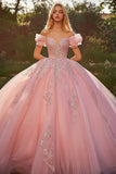 Roze Off The Shoulder Ball Gown Geappliqueerde Quinceanera Jurk