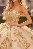 Champagne strapless geappliqueerde tule quinceanera jurk